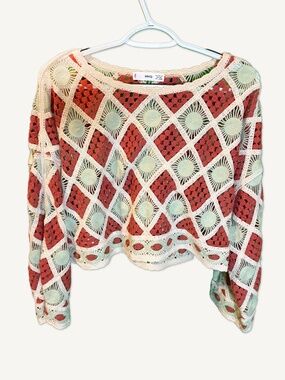 Mango Crochet Knit Sweater Multicolor Long Sleeve XS